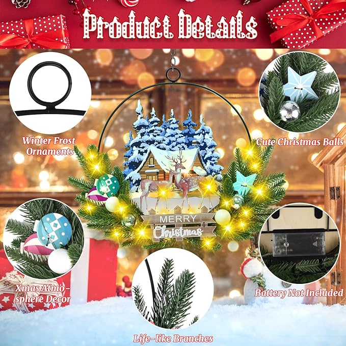 Light up Christmas Wreaths for Front Door, Welcome Metal Wooden Door Wreath Decor Hanging Sign, 30 LED Lighted Wall Decor Battery Operated for Halloween Indoor Outdoor (Deer)-Ruum Studio Home