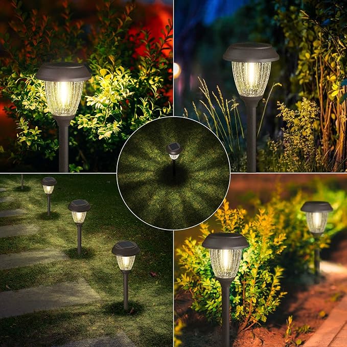 XMCOSY+ Solar Lights Outdoor 10/25 LM LED with 2 Lighting Modes, Solar Garden Lights Glass and Metal, IP65 Waterproof Solar Powered for Yard Pathway Walkway Driveway Patio (6 Pack, Warm White)-Ruum Studio Home