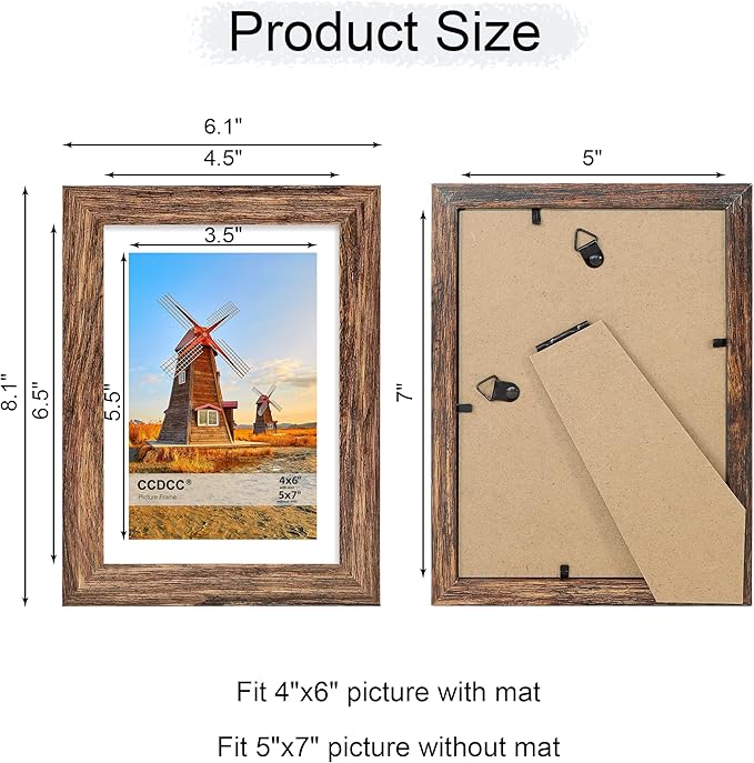 5x7 Picture Frame Set of 4, 5 x 7 Wood Photo Frames with Mat for 4x6, Natural Wooden Frame with Real Glass Cover for Wall and Tabletop Display,Rustic Brown-Ruum Studio Home