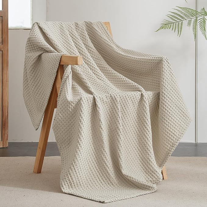 PHF Ultra Soft Waffle Weave Throw Blanket 50"x 60"- Washed Lightweight Breathable Cozy Woven Blanket for Bed - Aesthetic Decor for Couch Bedding Sofa Home Car - Light Khaki/Linen-Ruum Studio Home
