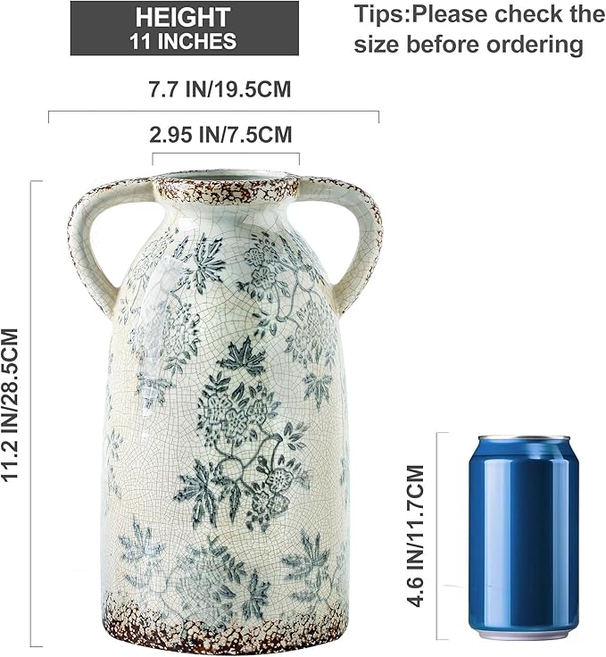 Enra Tall Vintage Blue and White Ceramic Vase with Handle, 11.2 Inch Chinoiserie Decorative Floral Vase, Large Rustic Ceramic Vase for Living Room, Office, Bookshelf, Home Decor-Ruum Studio Home