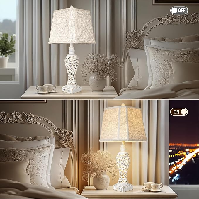 Vintage Table Lamps Set of 2, 28.5'' High Bedside Lamps with Fabric Shade, Farmhouse Nightstand Lamps with USB A+C Ports and Nightlight - Perfect for Living Room Bedroom Office Study (Bulb Included)-Ruum Studio Home