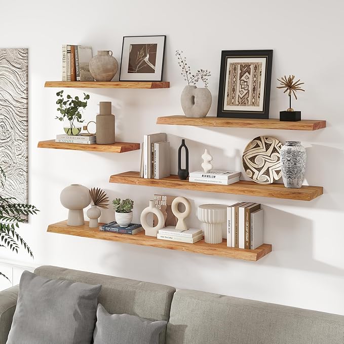 RICHFOCUS Live Edge Elm Floating Shelves - 40" W x 9.3" D Rustic Solid Wood Wall Shelves with Invisible Bracket, Wall-Mounted for Living Room, Bedroom, Kitchen Storage & Display, Set of 2, Natural-Ruum Studio Home