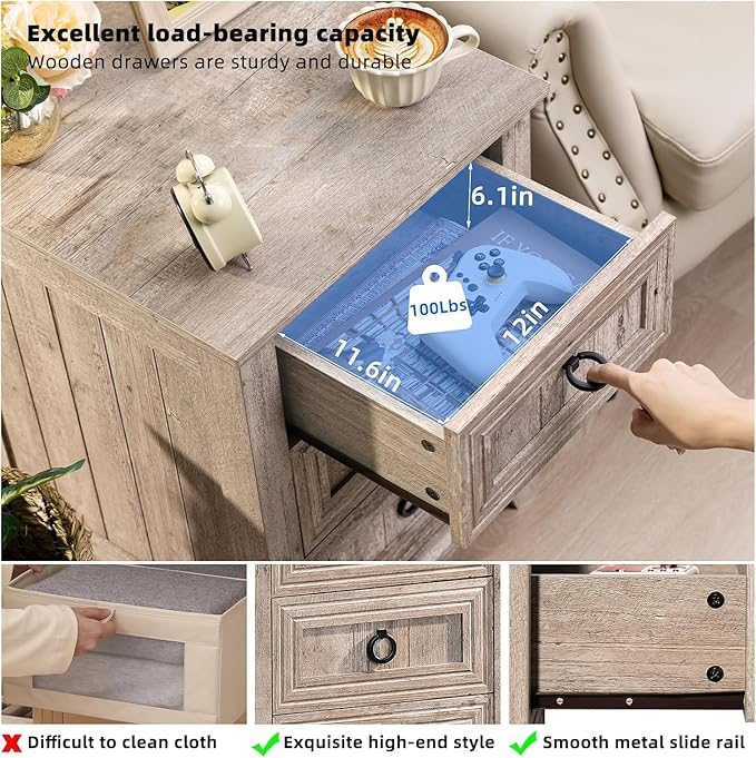 18" Farmhouse Night Stands Set of 2 with Charging Station, 2 & 3 Drawers End Table Dresser for Bedroom, Oak Wooden Nightstand, Bed Side Table with Open Shelf, Bedside Cabinet for Living Room-Ruum Studio Home