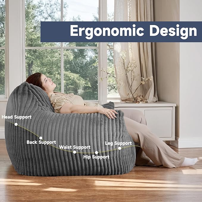 Oversized Bean Bag Chair for Adults, Giant Comfy Plush Boneless Bean Bag Couch with Filler for Kids - Reading Chair for Living Room, Bedroom & Dorm, Single Accent Chair Floor Lounger, Gray-Ruum Studio Home