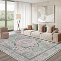 DCX Washable 8x10 Area Rug, Soft Machine Washable Non Slip with Rubber Backing Vintage Rug, Kid & Pet Friendly Living Room Area Rugs 8x10, Foldable Rugs for Bedroom Dining Room Office-Pink & Green-Ruum Studio Home