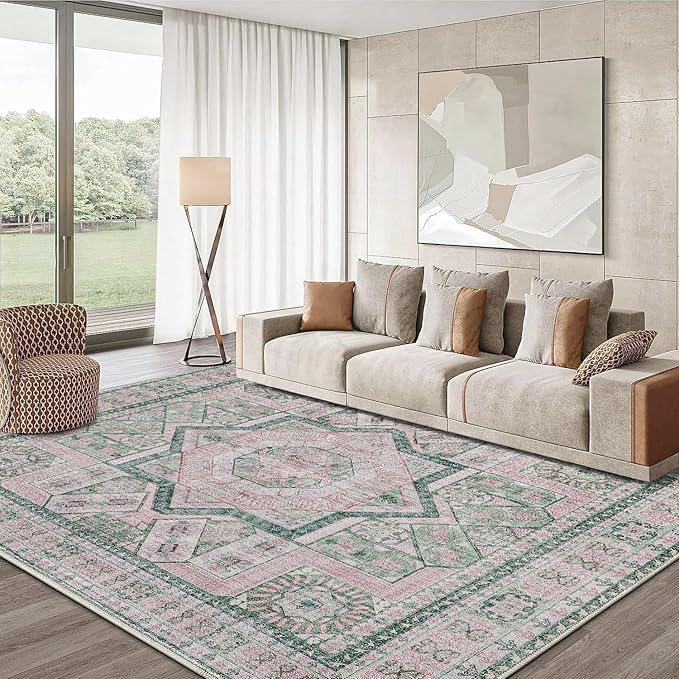 DCX Washable 8x10 Area Rug, Soft Machine Washable Non Slip with Rubber Backing Vintage Rug, Kid & Pet Friendly Living Room Area Rugs 8x10, Foldable Rugs for Bedroom Dining Room Office-Pink & Green-Ruum Studio Home