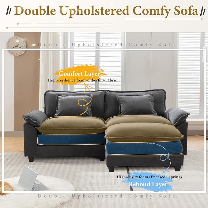 URRED Modular Sectional Sofa Comfy Cloud Couch, Modern Velvet Sofa Sleeper Deep Seat Couches with Ottoman/Pillows for Living Room (Dark Gray, 82.6''- L Shape)-Ruum Studio Home
