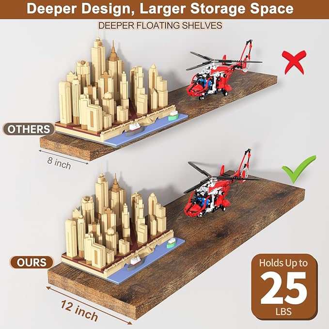 12 Inch Deep Floating Shelves for Wall 3 Pack Floating Shelves Large Storage Space Wall Mount Shelf for Living Room Kitchen Bathroom 36" W x 12" D x 1.2" H Rustic Brown-Ruum Studio Home