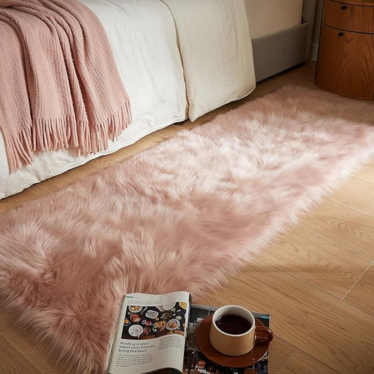 AMTOVO Faux Fur Rug, Pink Ultra Soft Fluffy Shag Sheepskin Rug, 2 x 6 ft Runner Area Rugs for Bedroom Sofa Throw Cushion Room Decor, Rectangle-Ruum Studio Home