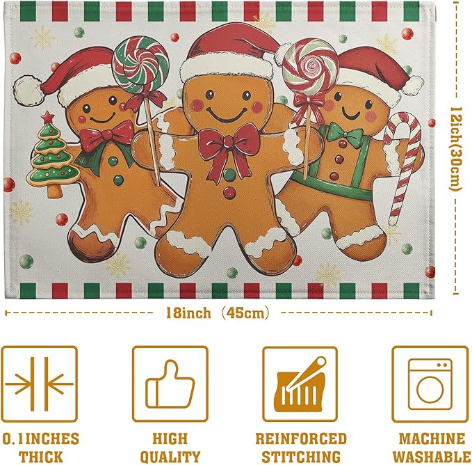 Gingerbread Man Christmas Placemats Set of 4 Candy Cane Xmas Seasonal Holiday Linen Table Mats Red Green Orange Winter Washable Place Mats for Party Kitchen Dining Outdoor Indoor Decor-Ruum Studio Home
