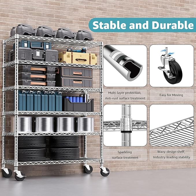 Steel Storage Shelving 6-Tier Utility Shelving Unit with Wheels, Steel Organizer Wire Rack for Home,Kitchen,Office,Garage,17.7" D x 47.2" W x 76.7" H-Ruum Studio Home