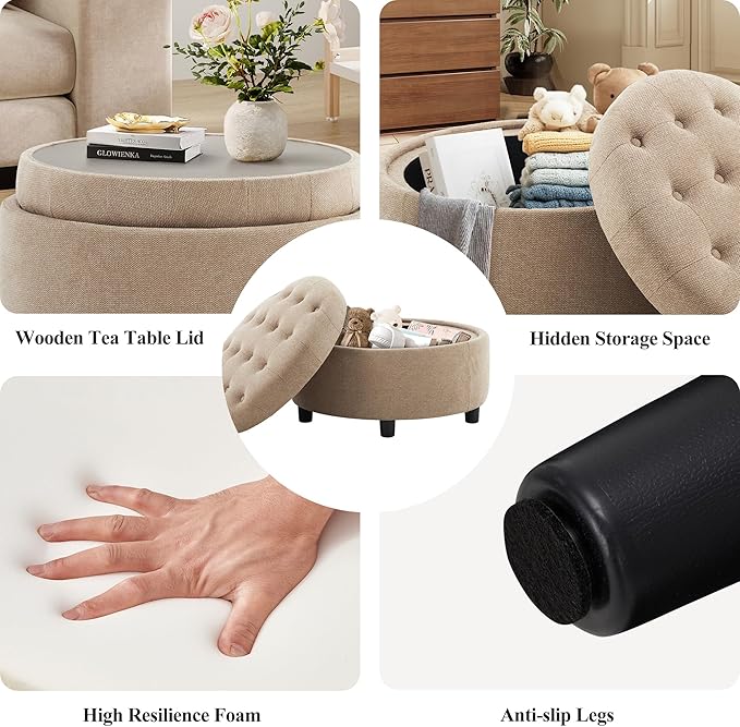 COLAMY Fabric Round Storage Ottoman with Reversible Tray Lid – Multi-Functional Footrest, Hidden Storage, Sturdy & Stylish Small Coffee Table for Living Room, Bedroom, or Entryway(Camel)-Ruum Studio Home