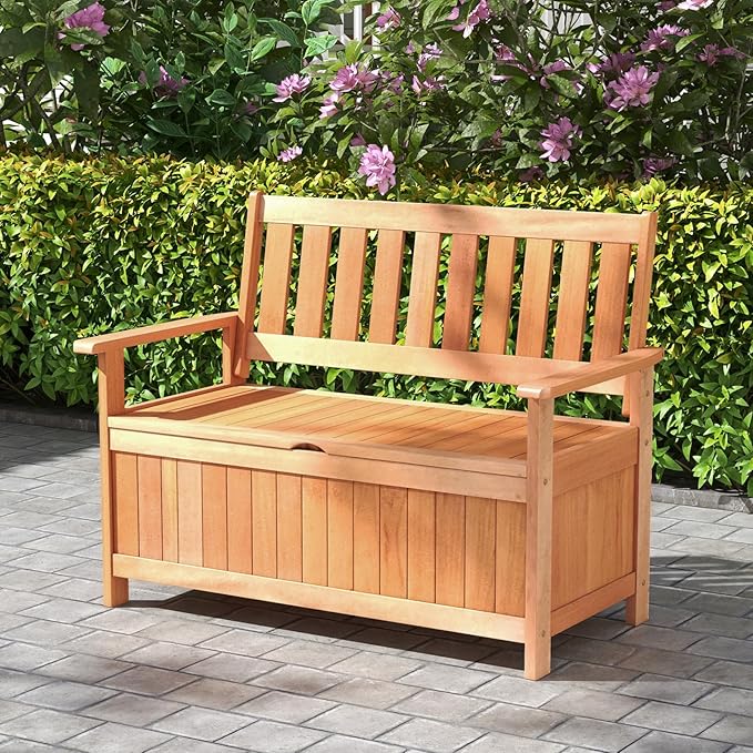 Tangkula 48 Inch Outdoor Wood Storage Bench Deck Box, Wooden Storage Loveseat with 34.2 Gal Inner Space, Entryway Bench Deck Box with Slatted Backrest, Storage Seat for Garden, Lawn, Balcony & Porch-Ruum Studio Home