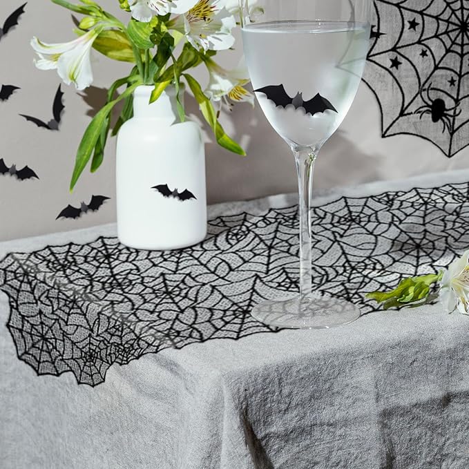 ZeeDix 39 Pcs Halloween Decorations Kit Black Lace Spiderweb Round Tablecloth Table Runner, Giant Spider Cobweb Fireplace Scarf with 36PCS Scary 3D Bats Wall Stickers for Halloween Party Decor-Ruum Studio Home