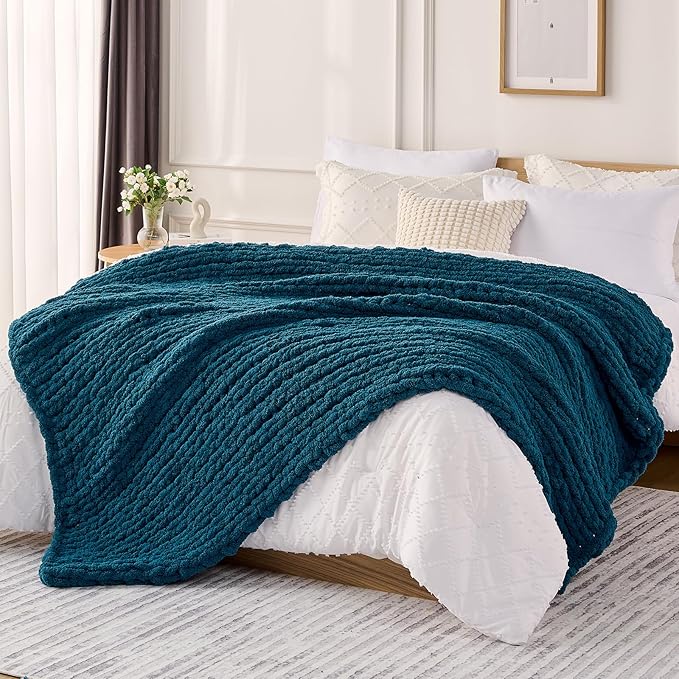 L'AGRATY Chunky Knit Blanket Throw: 50''x60'' Chenille Chunky Knitted Throw Blanket for Bed Couch - Handmade Thick Big Cable Knit Blanket - Large Crochet Rope Blanket for Home Decor(Blue)-Ruum Studio Home