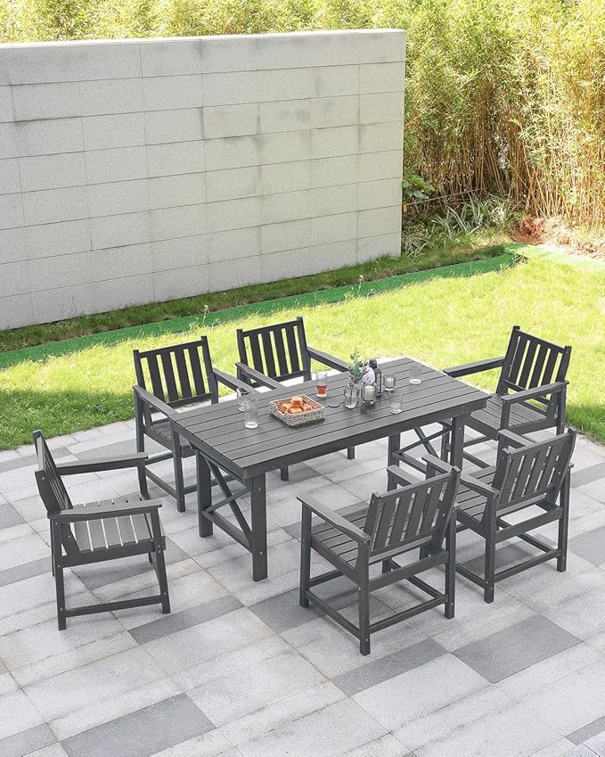 HDPE Outdoor Dining Table, 66.9” Rectangle Patio Dining Table for 6, All-Weather HDPE Outdoor Table with 2.2” Umbrella Hole, HDPE Patio Furniture for Deck, Backyard, Garden, Pool, Smoke Gray-Ruum Studio Home
