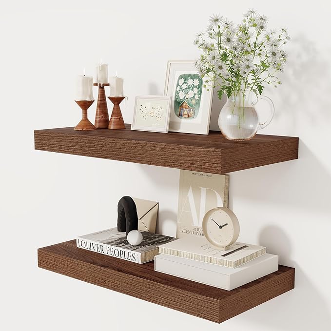 12 Inch Deep Floating Shelves, 24 x 12 Floating Shelf for Books, Rustic Wood Deep Wall Shelves for Home Storage & Display, 2" Thicked Shelves for Kitchen, Living Room, Bedroom, Walnut Color, 2 Pack-Ruum Studio Home