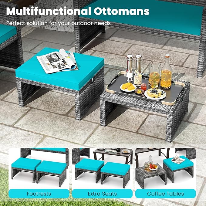 Tangkula 2 Pieces Patio PE Rattan Ottomans, Multipurpose Outdoor Footstool Footrest Additional Seating Side Table with Soft Zippered Cushions for Deck, Garden, and Yard (Turquoise)-Ruum Studio Home