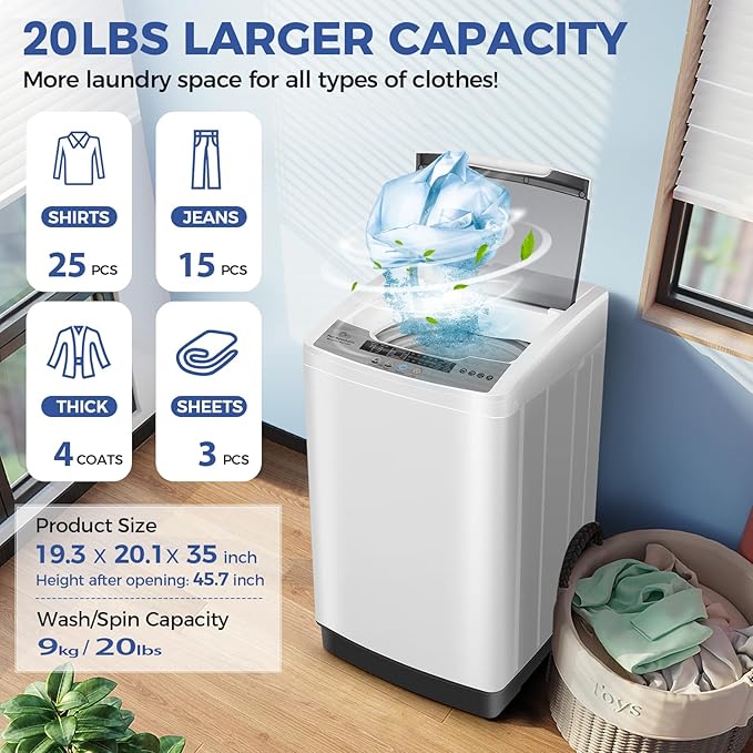 Nictemaw Portable Washing Machine, 20Lbs Capacity Full-Automatic Portable Washer Machine, 2.8Cu.ft Washer and Dryer Combo with 10 Programs 8 Water Levels for Apartment, Dorms, RV-Ruum Studio Home