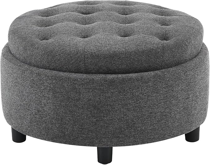 COLAMY Fabric Round Storage Ottoman with Reversible Tray Lid – Multi-Functional Footrest, Hidden Storage, Sturdy & Stylish Small Coffee Table for Living Room, Bedroom, or Entryway(Dark Grey)-Ruum Studio Home