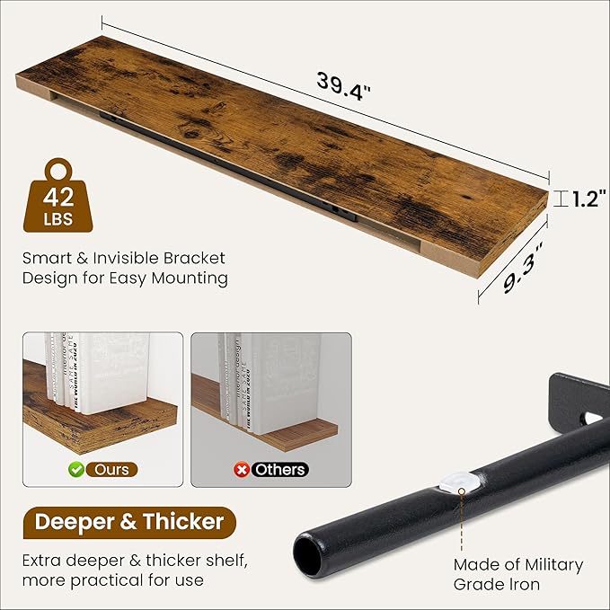 Fun Memories 40" Rustic Wood Floating Shelves with Invisible Brackets for Storage & Decor, Deep Wall Mounted Shelves for Bathroom, Kitchen, Living Room (Brown,Set of 2)-Ruum Studio Home
