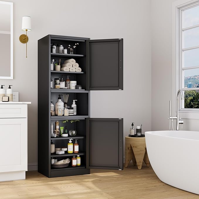 Tall Narrow Storage Cabinet 66.93" H Tall Bathroom Cabinet Metal Pantry Cabinets, 4 Adjustable Shelves for Kitchen, Home Office, Living Room, Dinning Room (20 inches Wide Black)-Ruum Studio Home