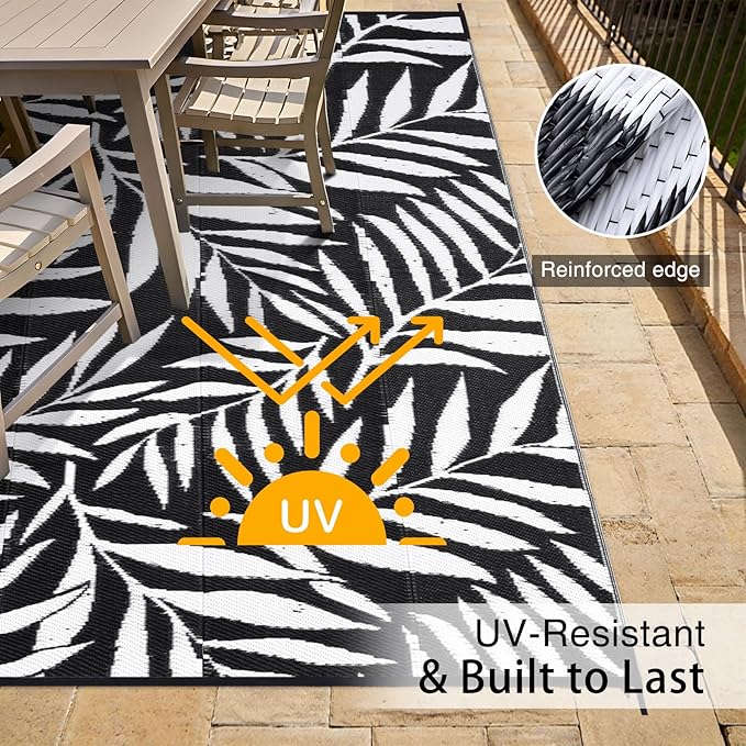 OLANLY Waterproof Outdoor Rug 8x10 ft, Reversible Outdoor Plastic Straw Rug with Leaf Pattern, RV Mat, Indoor Outdoor Carpet for Patio, Camping, Balcony, Deck, Backyard, Black & White-Ruum Studio Home
