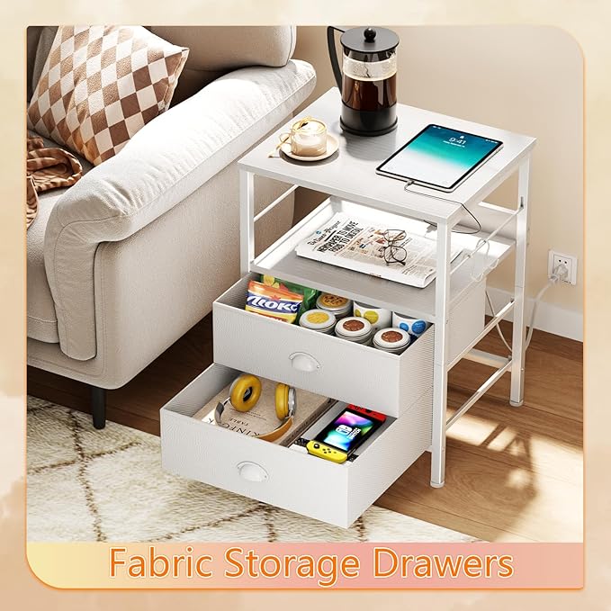 Furologee Night Stand with Charging Station, Bedside Table with Fabric Drawers, End Table with USB Ports & Outlets, White Nightstand with Storage Shelf & Hooks, for Living Room/Bedroom, White-Ruum Studio Home