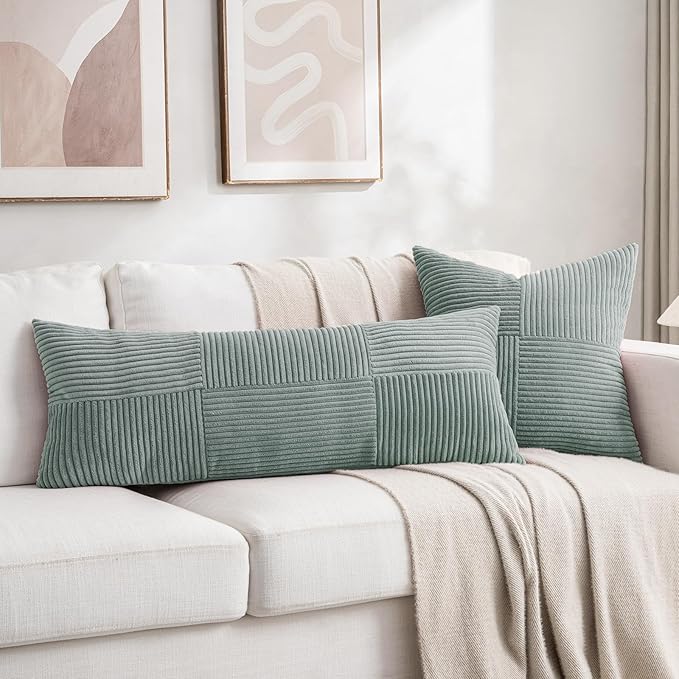 Fancy Homi 2 Packs Grey Blue Decorative Throw Pillow Covers 16x16 Inch for Couch Bed Sofa, Rustic Farmhouse Boho Home Decor, Soft Corss Patchwork Corduroy Textured Square Cushion Case 40x40 cm-Ruum Studio Home