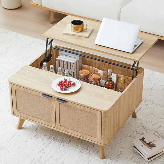 AVZEAR Wood Lift Top Coffee Table with Storage, Boho Modern Coffee Table with Nature Linen Doors & Large Hidden Storage, Rounded Corners Center Table Farmhouse Coffee Tables for Living Room, Natural-Ruum Studio Home