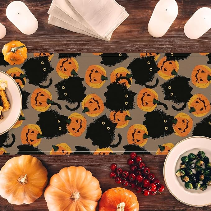 Halloween Table Runner Black Cat Pumpkins Seasonal Kitchen Dining Table Home Outdoor Party Decorations 13x36 Inch-Ruum Studio Home