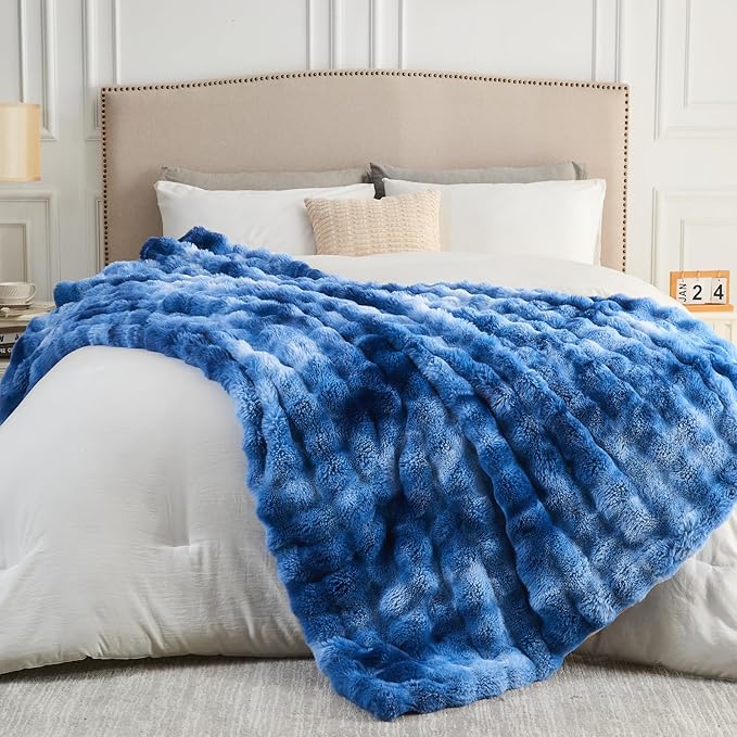 NEWCOSPLAY Faux Fur Throw Blanket Indigo Luxury Fluffy Thick Warm Bubble Blanket for Couch Sofa Bed 700GSM (Indigo, Throw(50"x60"))-Ruum Studio Home