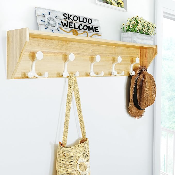 SKOLOO Wall Shelf with Hooks, 35-Inch Coat Rack Wall Mount with Shelf Organizer - Lightweight & Sturdy, 5 Tri Hooks - Perfect for Entryway, Hallway, Living Room, Bedroom, Mudroom, Natural & White-Ruum Studio Home