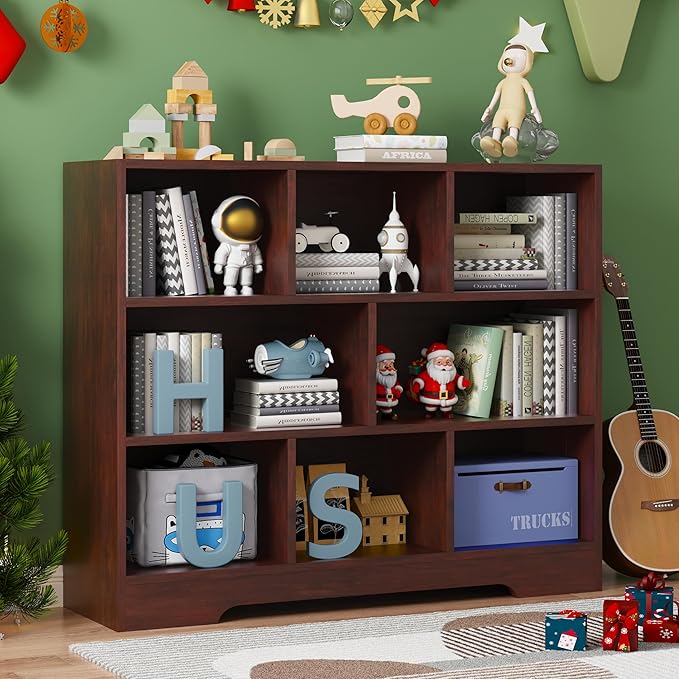 Book Shelf Set of 2, 8 Cubes Storage Organizer, 3-Tier Open Bookshelf Wooden Bookcase, Freestanding Cherry Bookshelf Cube Shelf for Living Room-Ruum Studio Home