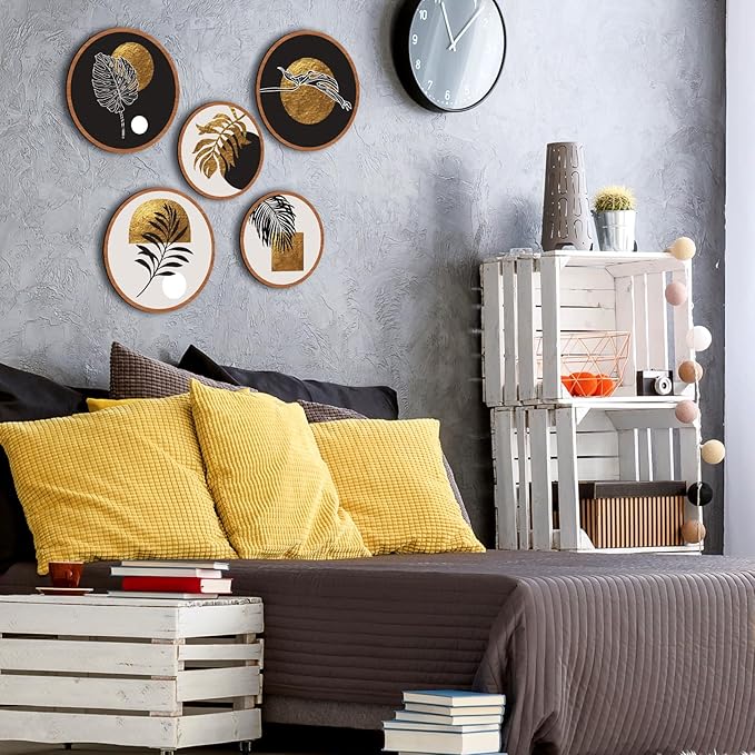 Qunclay 5 Pcs Wall Art Decor Wooden Living Room Wall Decor Bohemian Hanging Farmhouse Geometric 10'' and 8'' Aesthetic Wood Minimalist Posters for Bedroom(Rustic, Leaf)-Ruum Studio Home