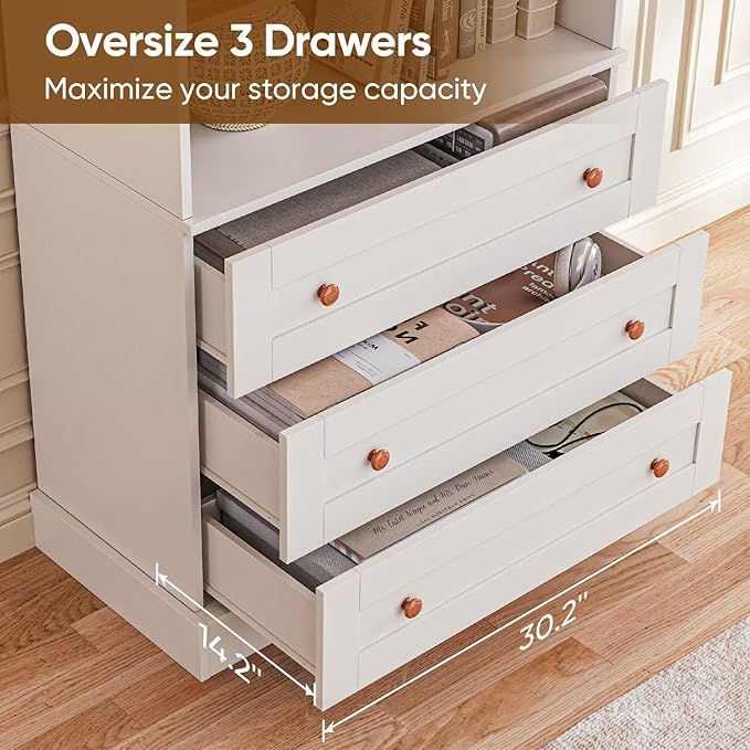 Vyre 71" Tall Farmhouse Bookshelves with Drawers, Set of 2 – Large Modular Bookcase with Adjustable Shelves, Storage Cabinet for Living Room, Kitchen, Home Office, White-Ruum Studio Home