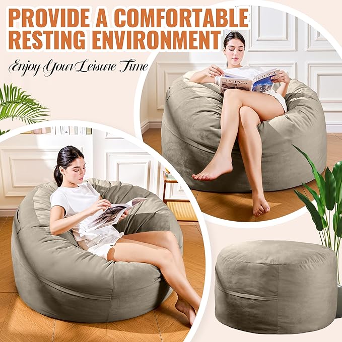 4FT Bean Bag Chair: Bean Bag with Velvet Cover, Fluffy and Comfy Bean Bag Chairs for Adults and Kids, Bean Bag Sofa Filled with High-Density Sponge for Gaming (Light Grey)-Ruum Studio Home