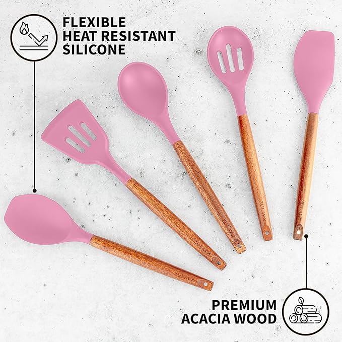 Zulay Kitchen Non-Stick Cooking Utensils Set with Authentic Acacia Wood Handles – 5-Piece Durable & Stylish Silicone Kitchen Utensils Set – Heat Resistant to 464°F – Pink-Ruum Studio Home