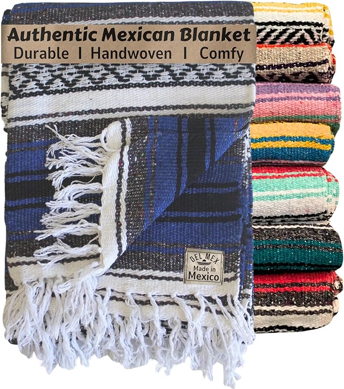 Del Mex Classic Mexican Blanket, Large Authentic Woven Falsa Throw (70"x50"), Artisan Southwest Décor for Beach, Yoga, Outdoors (Blue)-Ruum Studio Home