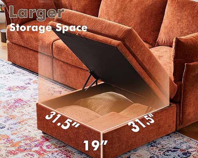 Luxury Modular Sectional Sofa, L-Shaped 3-Seat Couch with Storage Ottoman Deep Seat & Reversible Chaise Lounge Chenille Terracotta Orange for Compact Spaces, Apartments, Dorm-Ruum Studio Home