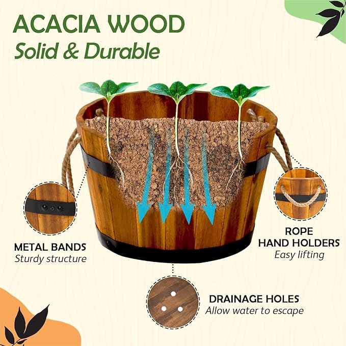 IDZO Set of 3 Wooden Flower Boxes Outdoor, Durable Acacia Wood Barrel Planters for Outdoor Plants with Ergonomic Handles, Drainage Holes, Multiple Sizes Wood Bucket Planter for Home Décor-Ruum Studio Home