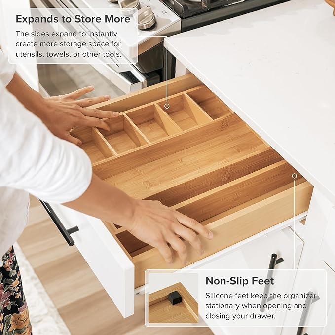 Adjustable Kitchen Drawer Organizer for Utensils and Junk, Food-Safe Contract Grade with 100% Sustainable Wood, Expandable from 10.5 to 19 Inches Wide - Natural Bamboo-Ruum Studio Home