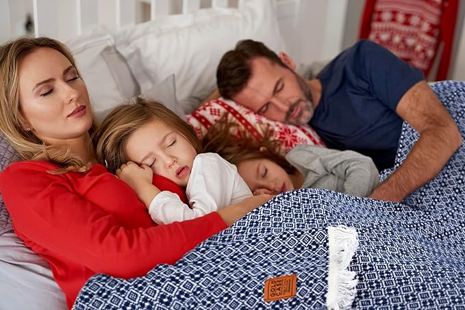 Gold Case Throw Blanket for Couch - 100% Recycled Turkish Cotton Blankets & Throws - Retro Soft Throw Blankets for Living Room Sofa - Boho Decorative Woven Throws for Couch - 60x80 - Navy Blue-Ruum Studio Home