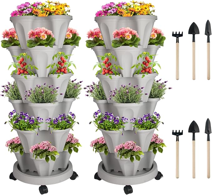 Vertical Planter 6 Tier Stackable Planters Garden Planters Strawberry Herb Flower and Vegetable Planter Indoor Outdoor Gardening Pots with Removable Wheels and Tools 2-Pack-Ruum Studio Home
