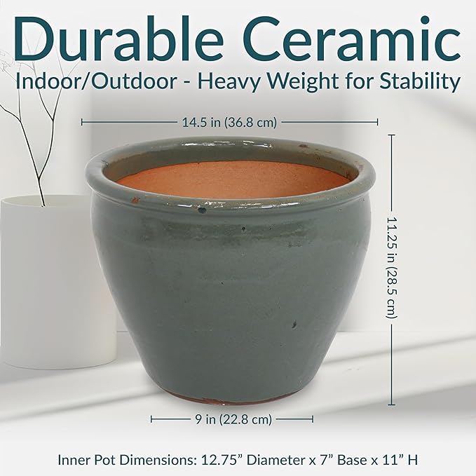Sunnydaze Chalet Large Ceramic Plant Pot - Round Outdoor Glazed Ceramic Planter Pot with Drainage - Gray - 14.5"-Ruum Studio Home