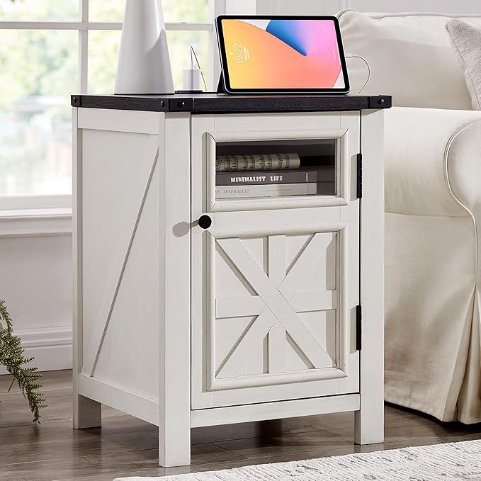 JXQTLINGMU Farmhouse End Table with Charging Station, 18'' Rustic Nightstand with Barn Door & Adjustable Shelf, Wooden Sofa Side Table with 3-Tier Storage for Living Room, Bedroom, White-Ruum Studio Home