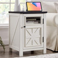 JXQTLINGMU Farmhouse End Table with Charging Station, 18'' Rustic Nightstand with Barn Door & Adjustable Shelf, Wooden Sofa Side Table with 3-Tier Storage for Living Room, Bedroom, White-Ruum Studio Home
