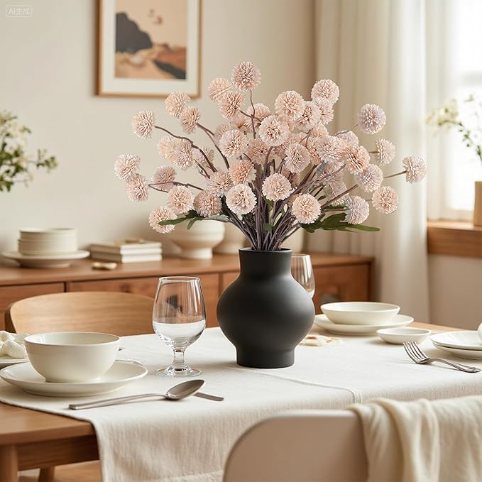 Faux Beige Kiku Flowers 10 Stems & 2 Eucalyptus, Fake Mums Pompon Flower Ball, Autumn Artificial Chrysanthemums Flowers for Boho Bedroom Decor, Silk Mini Faux Kiku Flower Wedding Arrangements Decor-Ruum Studio Home