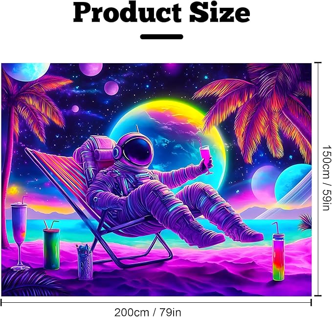 BVBOX Astronaut Space Blacklight Tapestry 79"x59", UV Reactive Astronaut Beach Lounge Chair Vacation Universe Planet Glow in Dark Tapestries, Black Light Neon Upright Poster Wall Hanging Backdrop Decor for Bedroom Living Room-Ruum Studio Home
